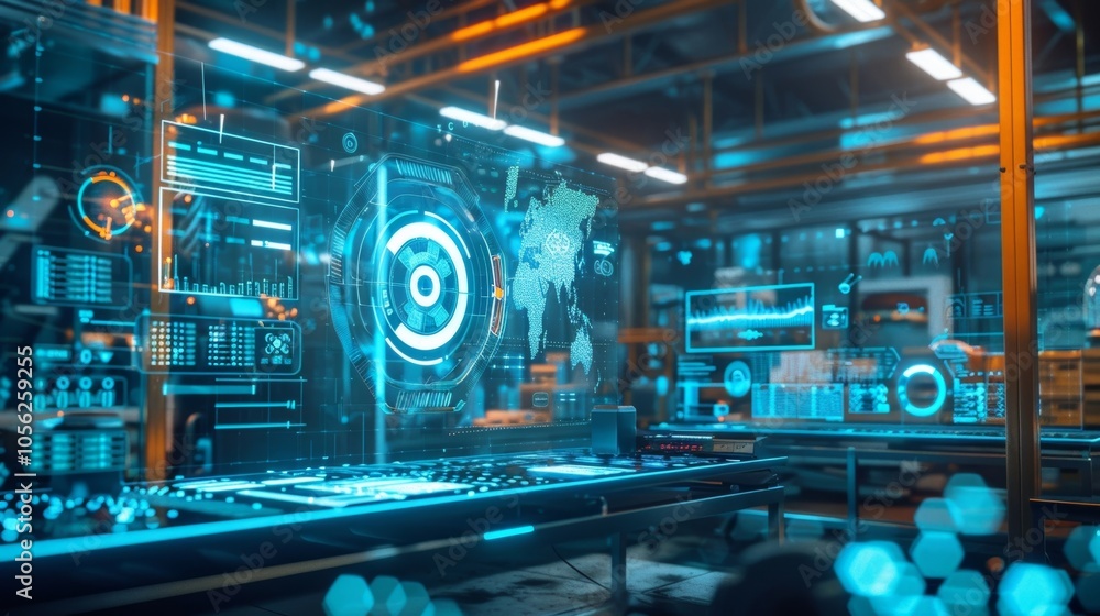 Poster futuristic command center displaying holographic screens with global maps, data charts, and various 