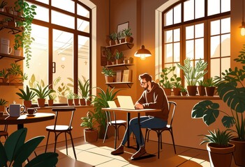 Fototapeta premium A comfortable, place-rich cafe space where a remote worker sits at a desk with his laptop. The sunlit area exudes inspiration and focus.