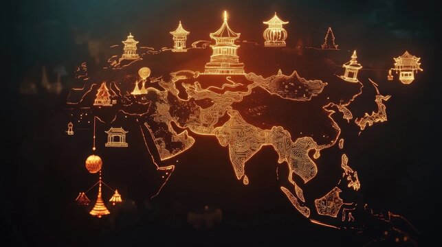 A stylized outline of Asia with symbols representing major cultural festivals and traditions.