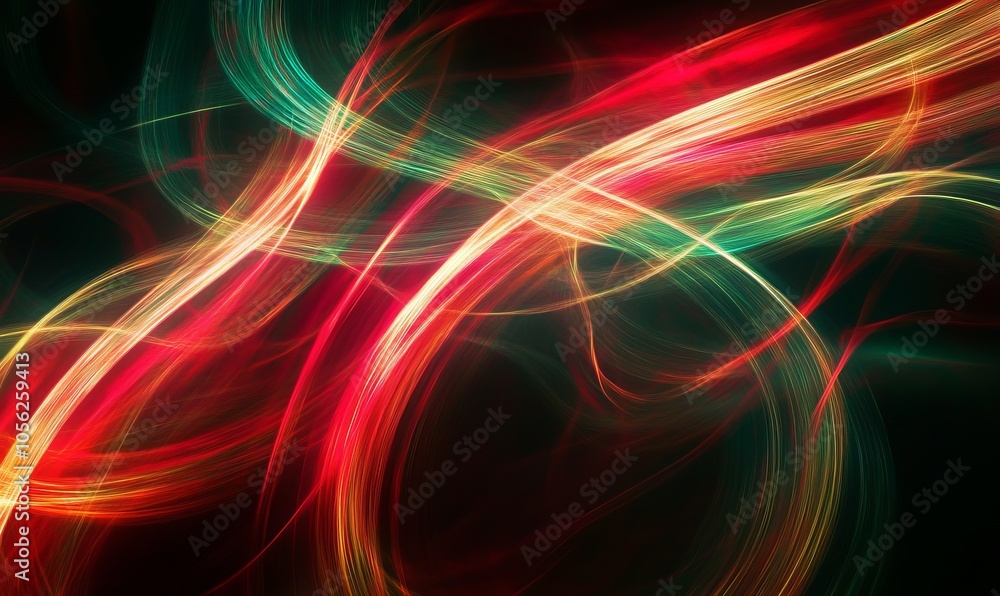 Poster abstract digital artwork featuring vibrant red and green light strands against a dark background, cr