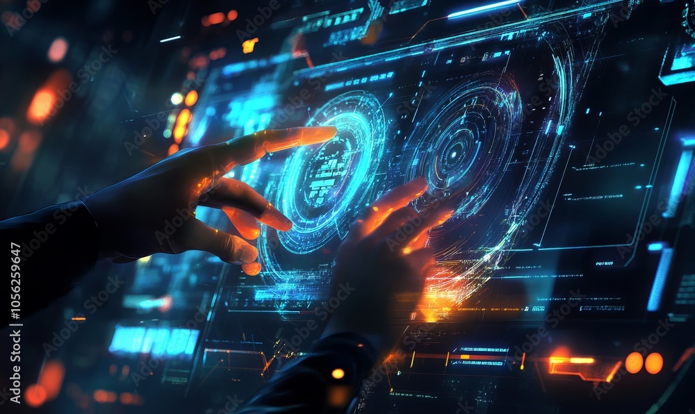 Poster abstract digital interface with glowing elements and hand touch