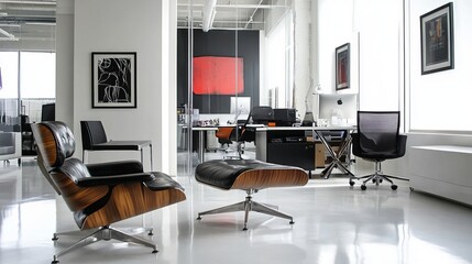 A contemporary workstation with a sleek, simple aesthetic. The office features a clear, open design with glass dividers that give the impression of openness and space.
