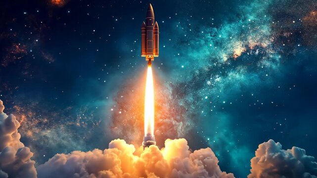 Bitcoin rocket gliding past clouds towards the stars. Cryptocurrency success theme. Video