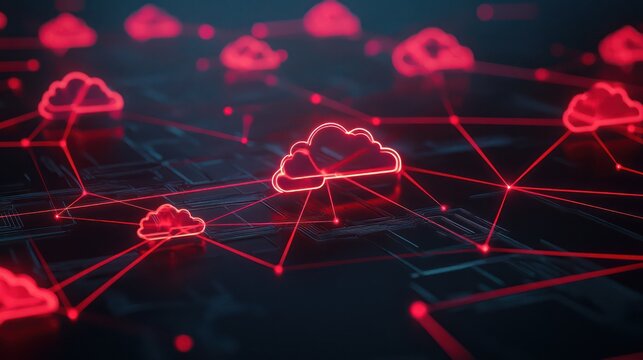 Digital Connectivity and Cloud Technology: Illustration of red cloud icons connected by glowing lines set against a dark background, depicting advanced cloud computing and digital network concepts.