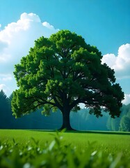 Obraz premium A large green oak tree in a grassy field with a bright blue sky filled with fluffy white clouds in the background, surrounded by a dense forest of pine trees during light rain.