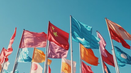 A vibrant display of multiple Asian flags fluttering in the wind against a clear blue sky,