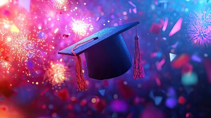 A vibrant illustration of a graduation cap surrounded by colorful fireworks, celebrating academic success,