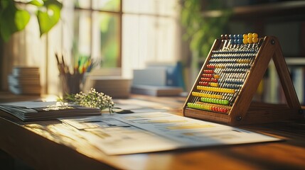 A vibrant layout of financial documents and an abacus on a polished wooden table with soft natural lighting.