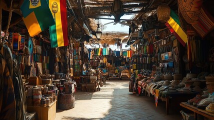 Obraz premium A vibrant market scene with African flags prominently displayed among local crafts.