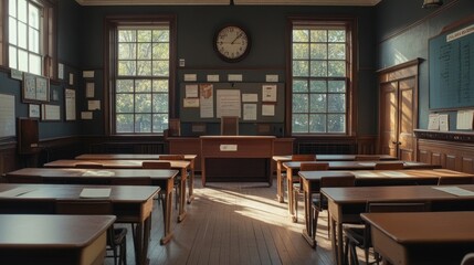 A view of a classroom from the back, showcasing desks facing the front and educational materials on display,