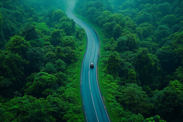 Fototapeta premium A winding road through a lush forest with a car traveling during the day captures nature's beauty and adventure