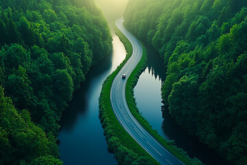 Aerial view of a winding road through a dense forest with a moving car beside a tranquil river in the early morning light