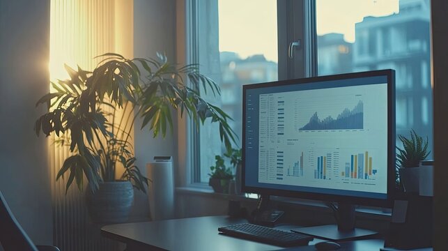 A well-lit office space featuring a computer, digital marketing charts on the wall, and a plant adding a touch of green.