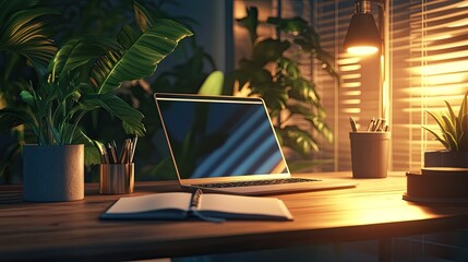 A well-organized workspace with a minimalist laptop, elegant plant decor, and a high-end business planner.