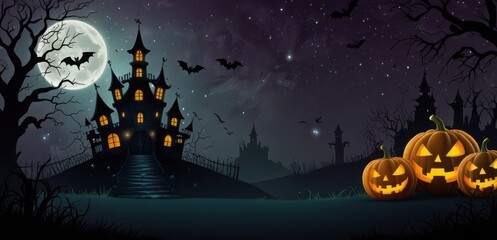 Halloween banner with space for text featuring pumpkins, vintage books, candles and mysterious trees. Fantasy Halloween banner concept