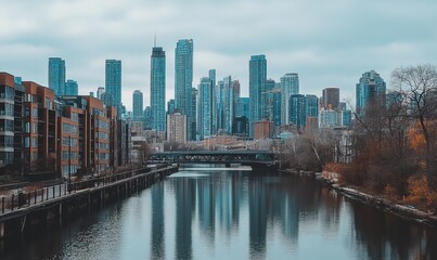 Fototapeta premium A city skyline with a bridge in the foreground