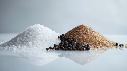 Minimalist Side View of Black Peppercorns and Sea Salt Crystals on White Surface