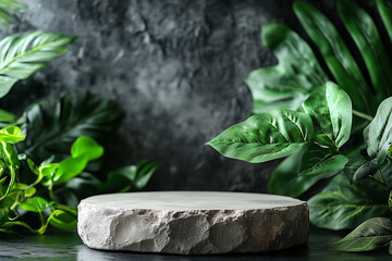 Obraz premium A rustic stone and concrete podium surrounded by lush green foliage in a natural setting for displaying items