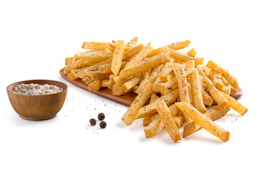 French fries with some dip and sour in a white infinite room