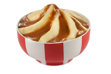 Smash potatoes served in a red stripes bowl 