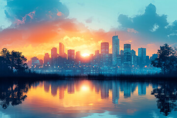Fototapeta premium Sunset over a vibrant urban skyline reflecting in calm waters, showcasing the beauty of city life at dusk