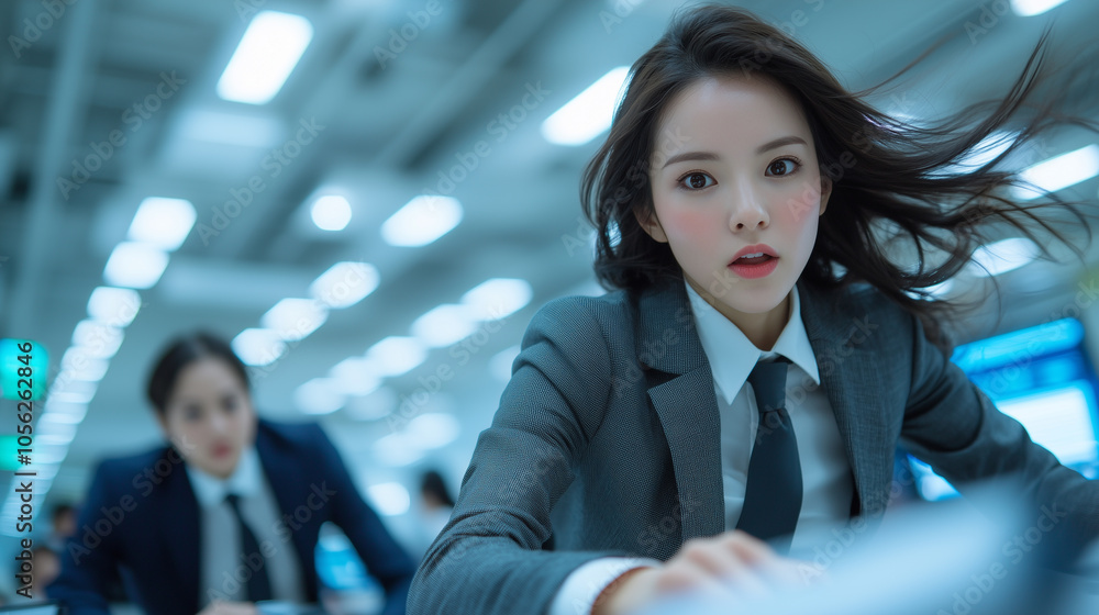 Poster businesswoman in dynamic pose in office setting, exuding confidence and focus. background shows busy