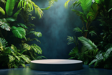 Product showcase podium surrounded by lush tropical foliage in a serene environment at dawn