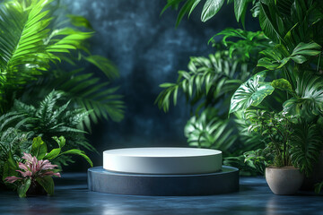 A clean podium surrounded by lush tropical foliage, designed for product showcases in a serene forest setting