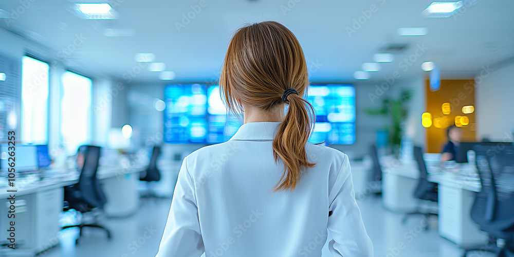Poster businesswoman with ponytail stands confidently in modern office, facing wall of digital screens disp