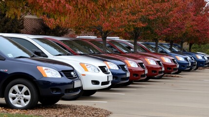 Two cars park on a city street, highlighting a white vehicle next to a blue model, with blurred surroundings ideal for advertising
