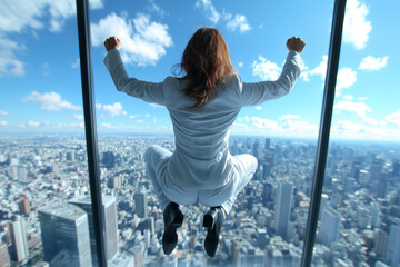 businesswoman in dynamic pose appears to be leaping against backdrop of cityscape, showcasing energy and ambition. scene is set in modern office with large windows