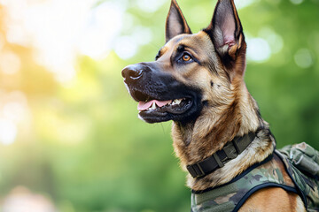a tactical-trained dog wearing a sturdy harness, sitting attentively with a focused look