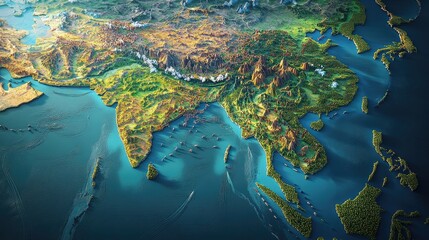 An eco-themed outline map of Asia illustrating different climate zones and natural resources.