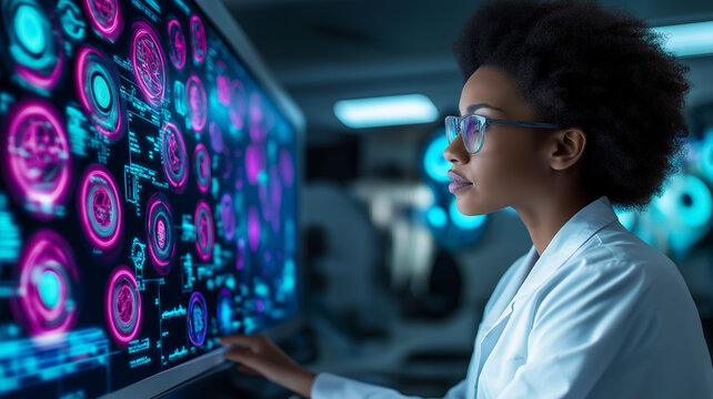 Side profile of a Black female pharmacist analyzing holographic AI data in a futuristic lab, neon lights reflect on her face, glowing medical charts hover in front of her, digital art, sci-fi style
