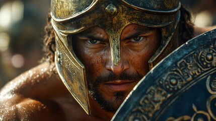 Spartan soldier shows fierce expression.