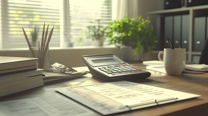 Fototapeta premium An elegant office setup featuring a detailed budget plan, calculator, and a notepad on a bright desk.