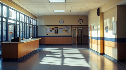 An empty police station lobby with a reception desk and motivational posters on the walls, emphasizing community support,