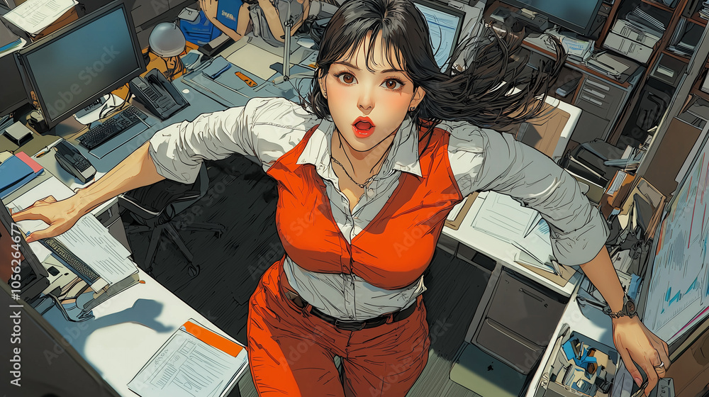 Poster dynamic illustration of business woman in vibrant office setting, exuding energy and focus as she na