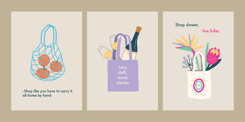Vector hand drawn eco-friendly shopping bags with trendy flat illustrations. Stylish modern art poster set promoting mindful shopping.