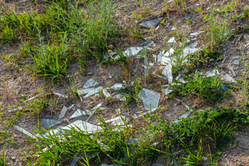 Broken glass lies on the surface of the ground with green grass. Fragments of sharp glass - dangerous environmental pollution