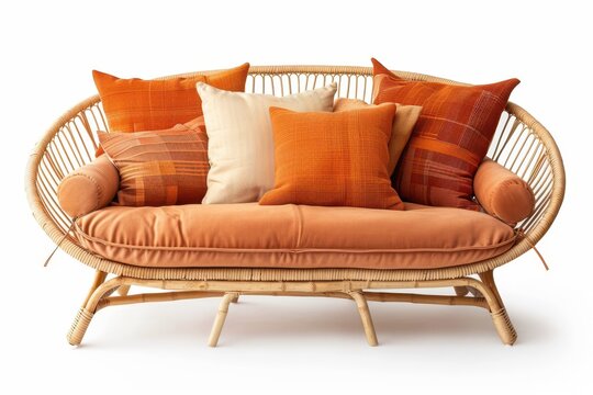 Orange sofa with cushions on white background