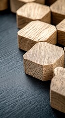 This composition showcases wooden hexagons with people icons interconnected, symbolizing teamwork and social networks on a dark blue background