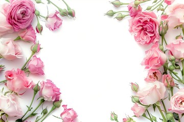 Obraz premium Pink roses and eustoma flowers in corner arrangement with frame on white background