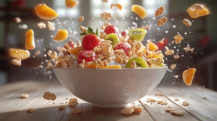 An overflowing bowl of cereal with milk and fresh fruits.