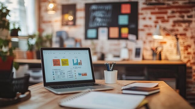 An organized desk with a laptop, a notebook filled with marketing ideas, and a motivational poster in the background.