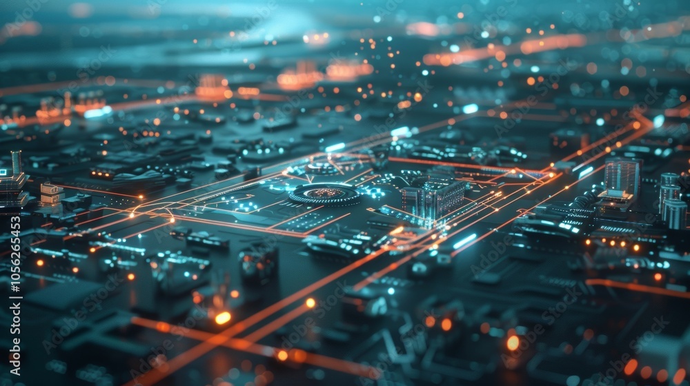 Poster complex network of interconnected circuits and nodes powering a futuristic city, symbolizing advance