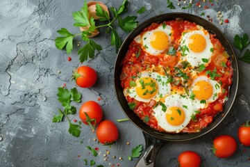 Shakshuka in a pan on a rustic background Jewish eggs in tomato sauce Top view with selective focus