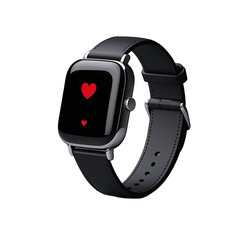 Smartwatch with heart icon on black screen isolated on transparent background