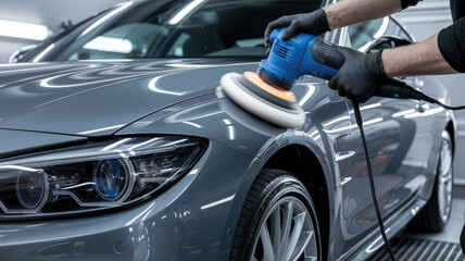 A man polishes a car with a blue polisher. The car is shiny and clean. The man is wearing gloves and seems to be focused on his work