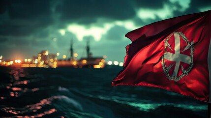 The Bermuda flag illuminated at night with a city skyline in the background.